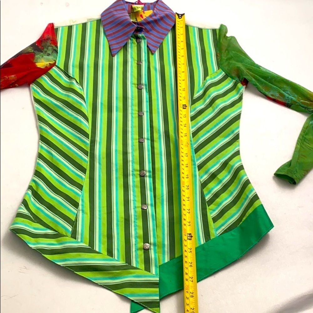 Save the Queen green multicolor stripe snap shirt S - Picture 6 of 14